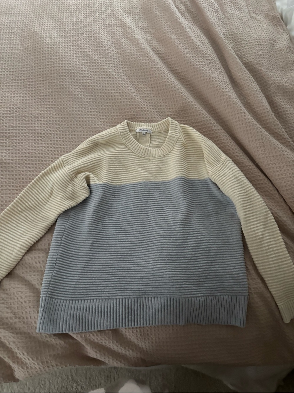 Madewell Two-Tone Ribbed Crewneck Sweater in Cream and Light Gray